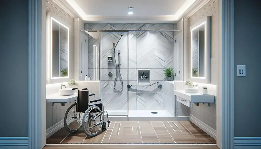 Accessible bathroom design detail with a level-entry shower, grab rails and dual vanities