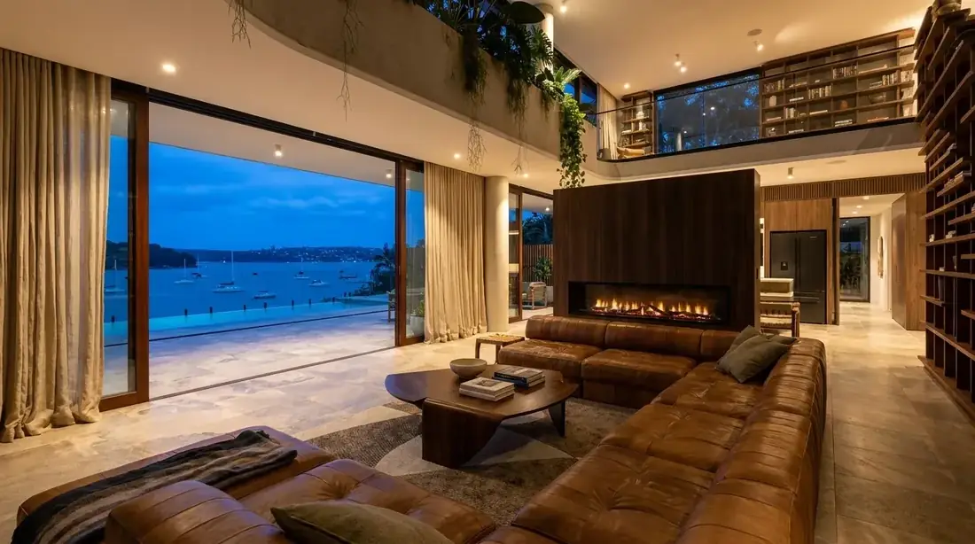 Living room visualisation of the Harbour Hillside Residence at dusk, with a fireplace and full-height glazing opening to the harbour