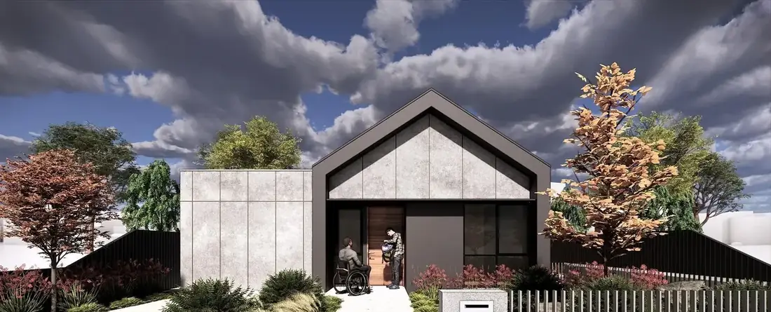 Design visualisation of a group home with a level, step-free entry and wide door for wheelchair access