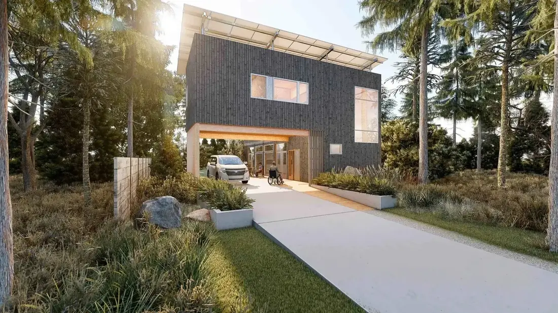 Design visualisation of an accessible group home with a level, no-step entry, wide covered carport and wheelchair access to the front door