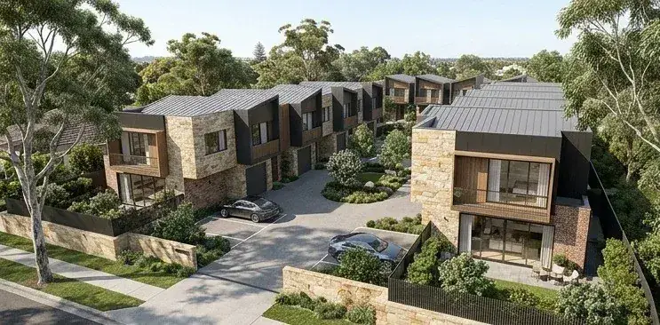 Design visualisation of the Hills District Townhouses development with grey brick and timber cladding