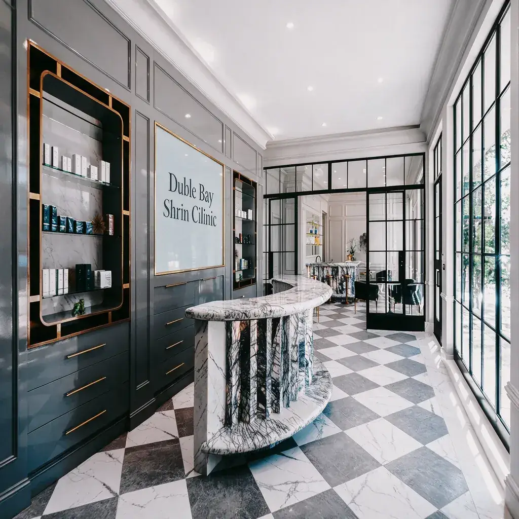 Beauty and wellness clinic reception with black and white checkerboard marble flooring, a sculptural marble reception desk and dark gold-trimmed display cabinetry