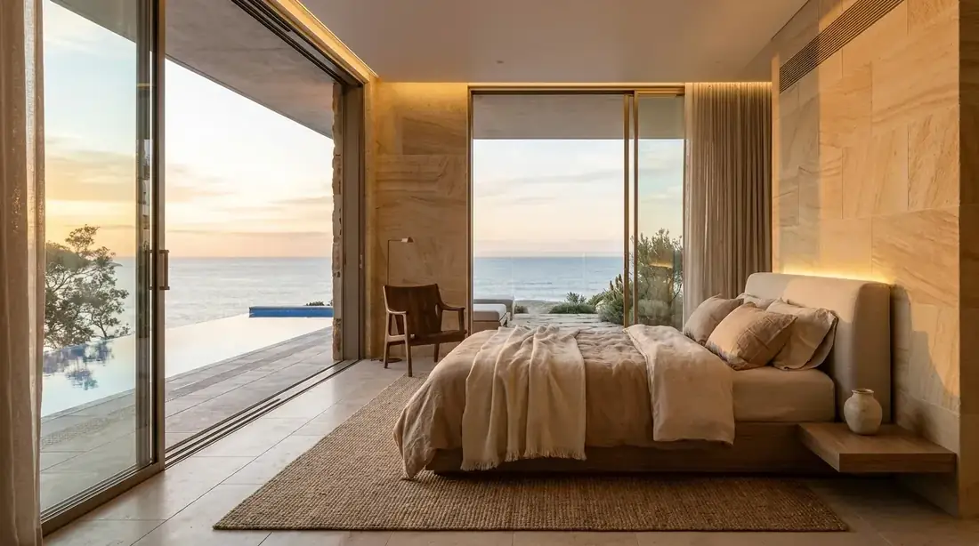 Bedroom visualisation of the Harbour Hillside Residence with full-height sliding glazing opening to a private terrace and infinity pool