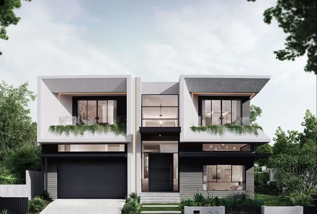 Contemporary building design duplex residence with symmetrical timber-clad facades either side of a central entry