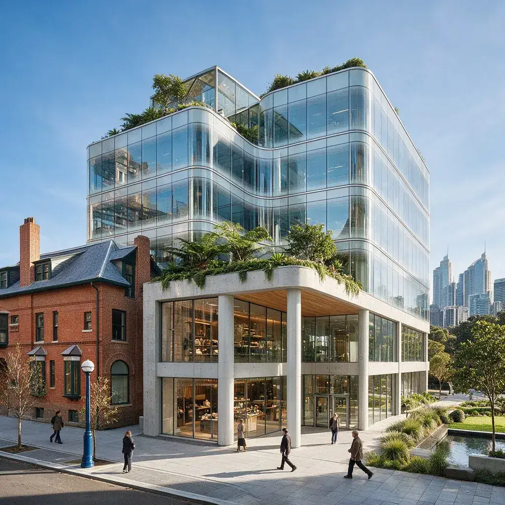 Contemporary commercial mixed-use building with a glass curtain wall, landscaped rooftop terraces and ground-floor retail beside a retained heritage facade