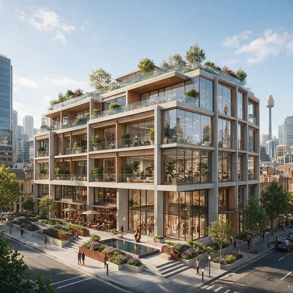 Contemporary mixed-use commercial building with timber-lined balconies, ground-floor retail and landscaped rooftop planting