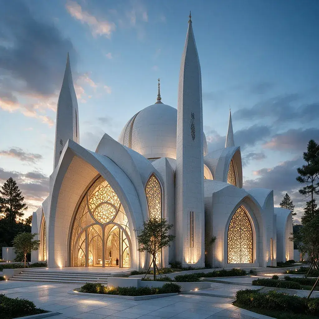 Contemporary mosque design with sculptural white stone minarets, a central dome and illuminated latticed windows at dusk