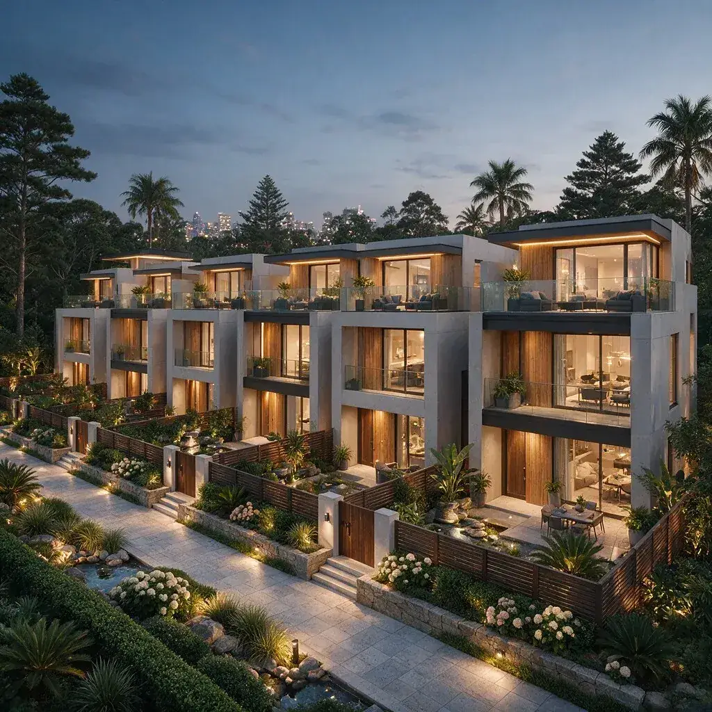 Contemporary multi-dwelling terrace housing development with landscaped entries at dusk