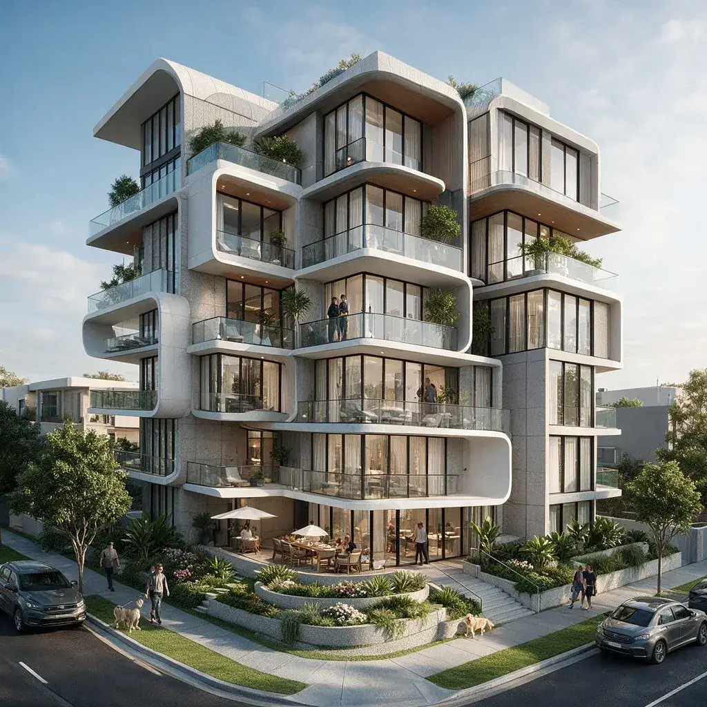 Contemporary multi-storey residential apartment building with sculptural curved balconies and landscaped street frontage