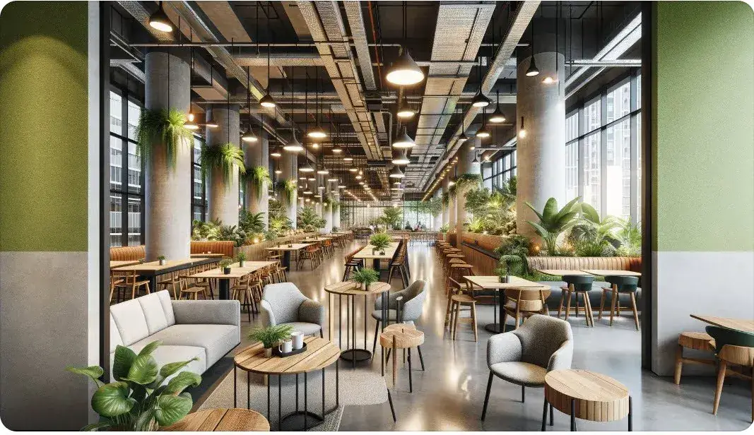 Contemporary open-plan commercial fit-out with a breakout lounge, exposed services ceiling and biophilic planting