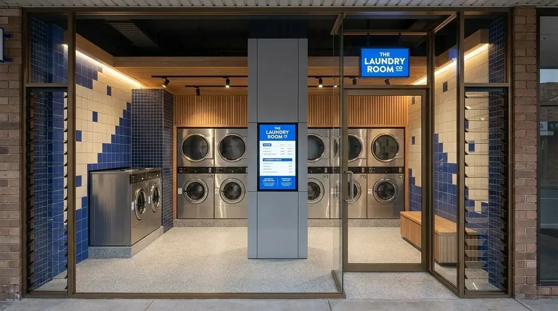 Contemporary self-service laundromat fit-out with tiled feature walls, commercial washing machines and branded signage