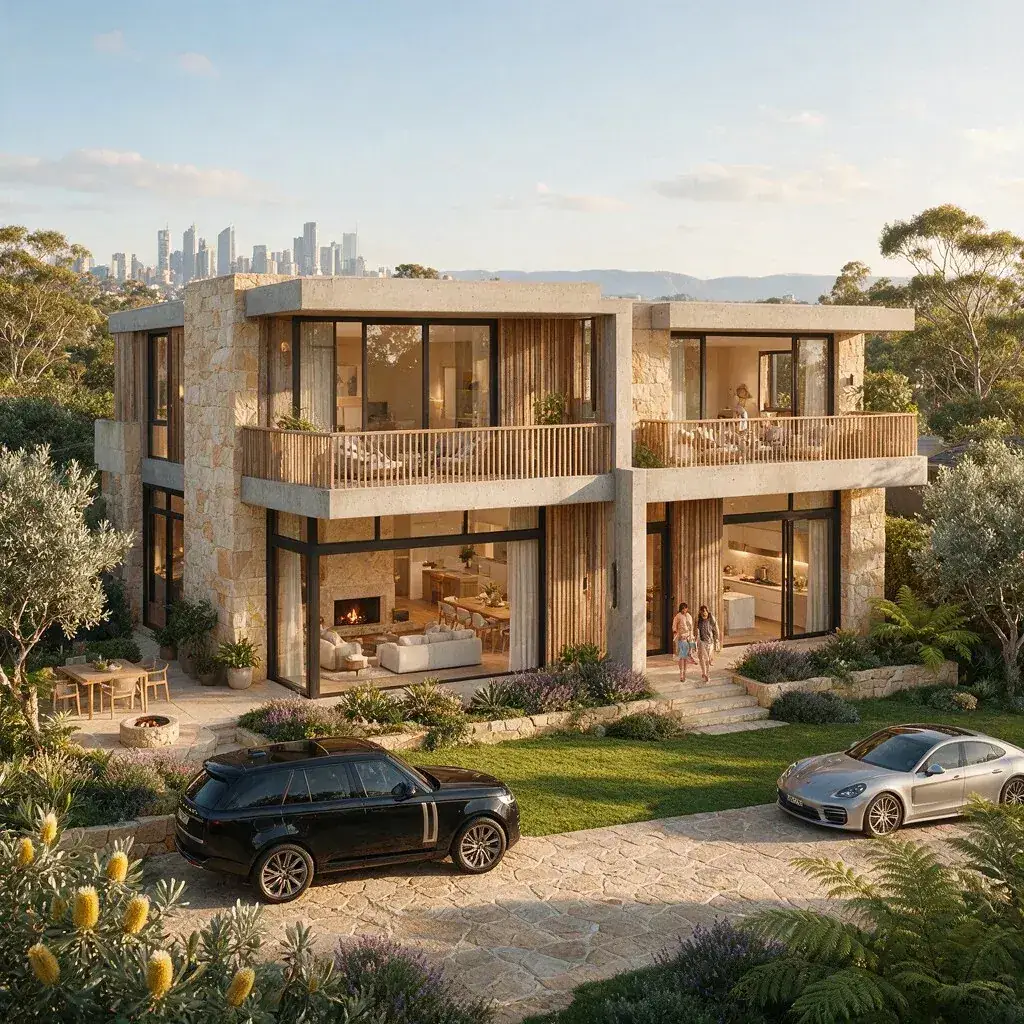 Contemporary stone and timber residence with a Sydney skyline view, private garden and outdoor entertaining area