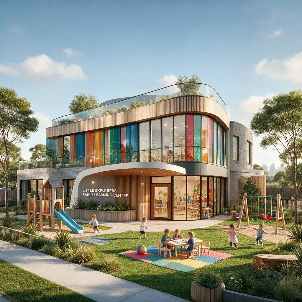Contemporary two-storey childcare centre with a curved colourful facade, rooftop terrace and outdoor play areas
