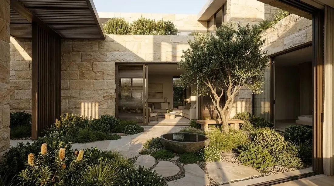 Courtyard visualisation of the Harbour Hillside Residence, a stone-walled landscaped courtyard with an olive tree and stone water bowl between split levels