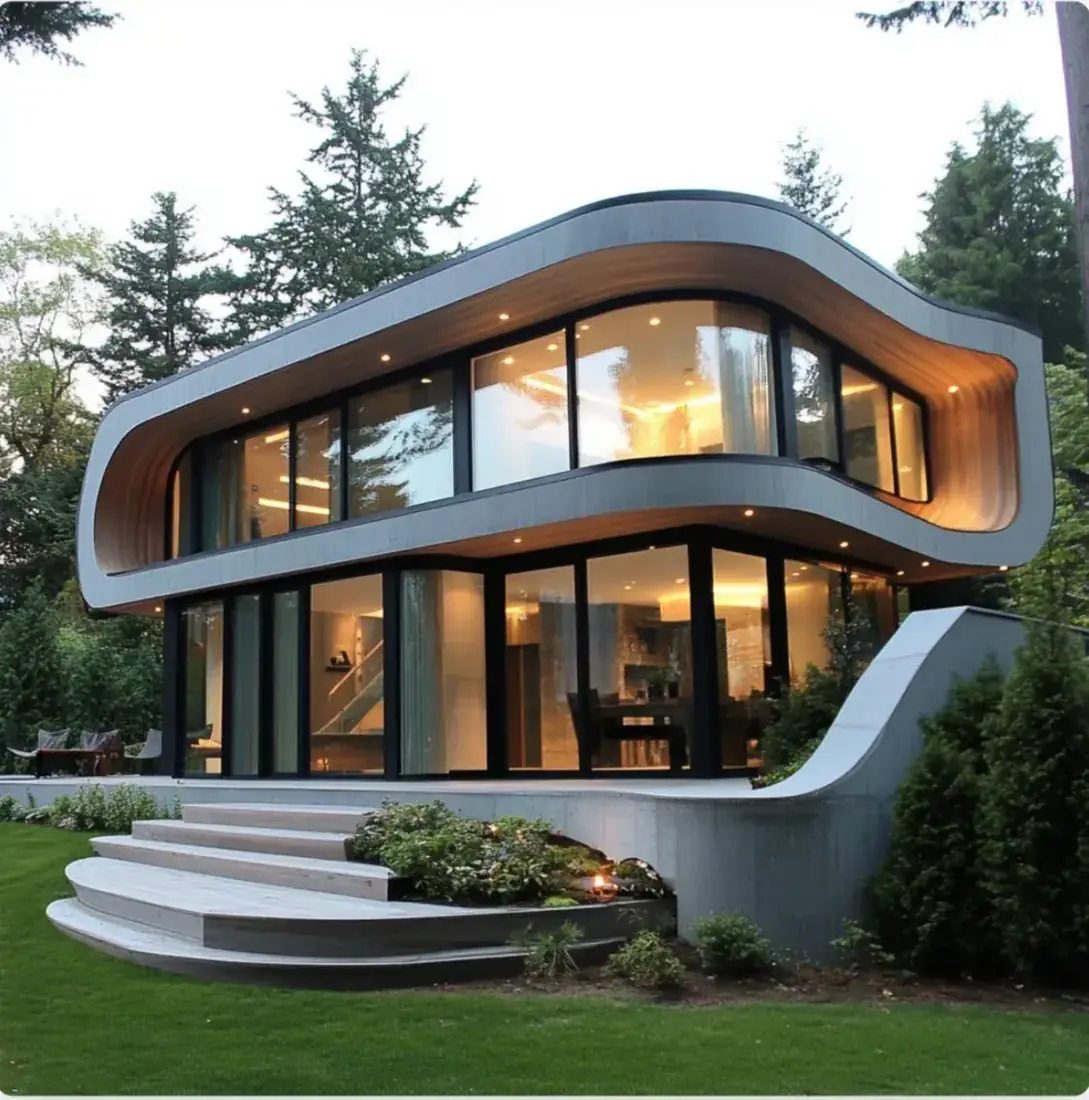 Curved contemporary family residence surrounded by landscaped gardens