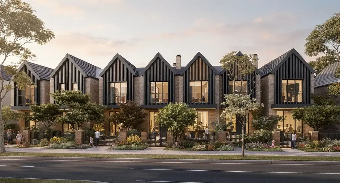Dusk render of a contemporary gable-roofed townhouse row with dark timber battened facades