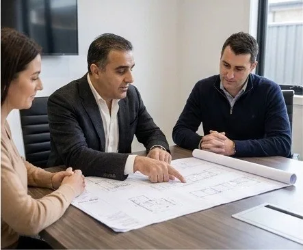 Farshid Hosseini meeting with clients and reviewing plans at the Green Design Sydney office
