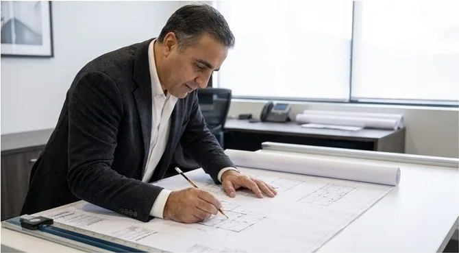 Farshid Hosseini reviewing building design drawings by hand at his desk