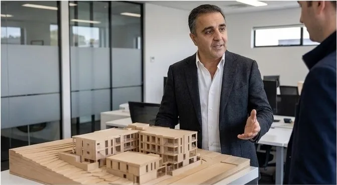Farshid Hosseini presenting a physical building design model of a multi-dwelling development