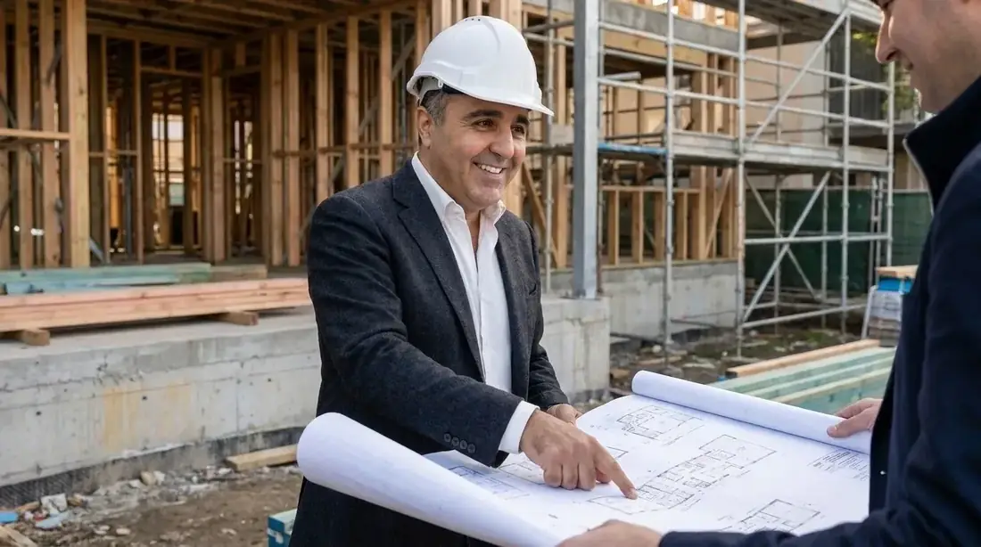 Farshid Hosseini reviewing construction drawings on an active timber-framed building site