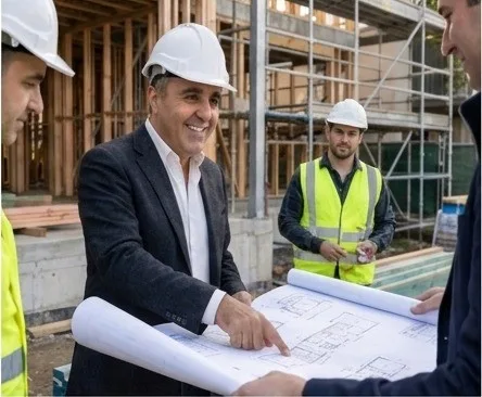 Farshid Hosseini reviewing construction drawings on site with the project team during a development build