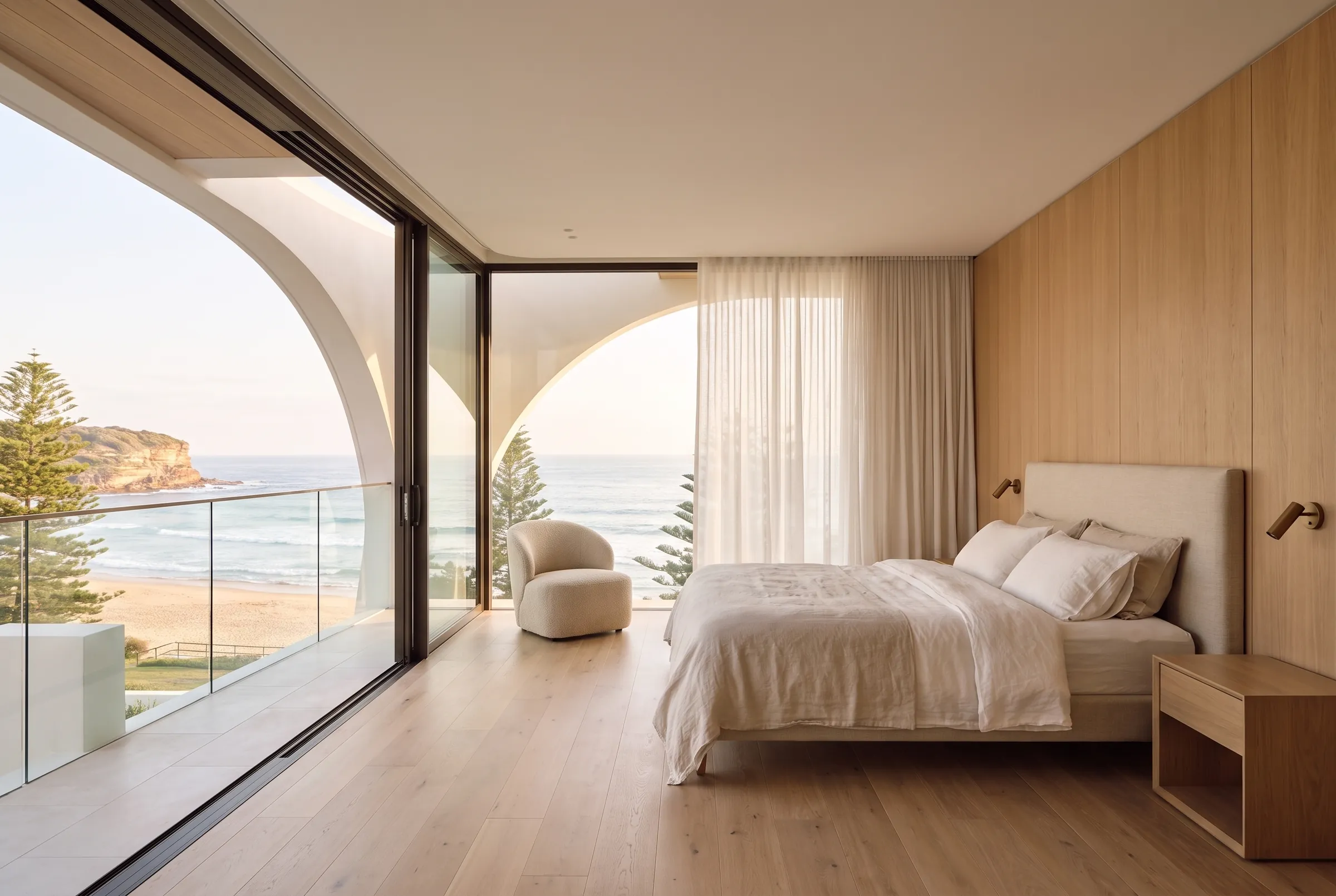 Principal bedroom design visualisation with oak floors, linen bedding and full-height glazing framing Freshwater Beach through the curved arch
