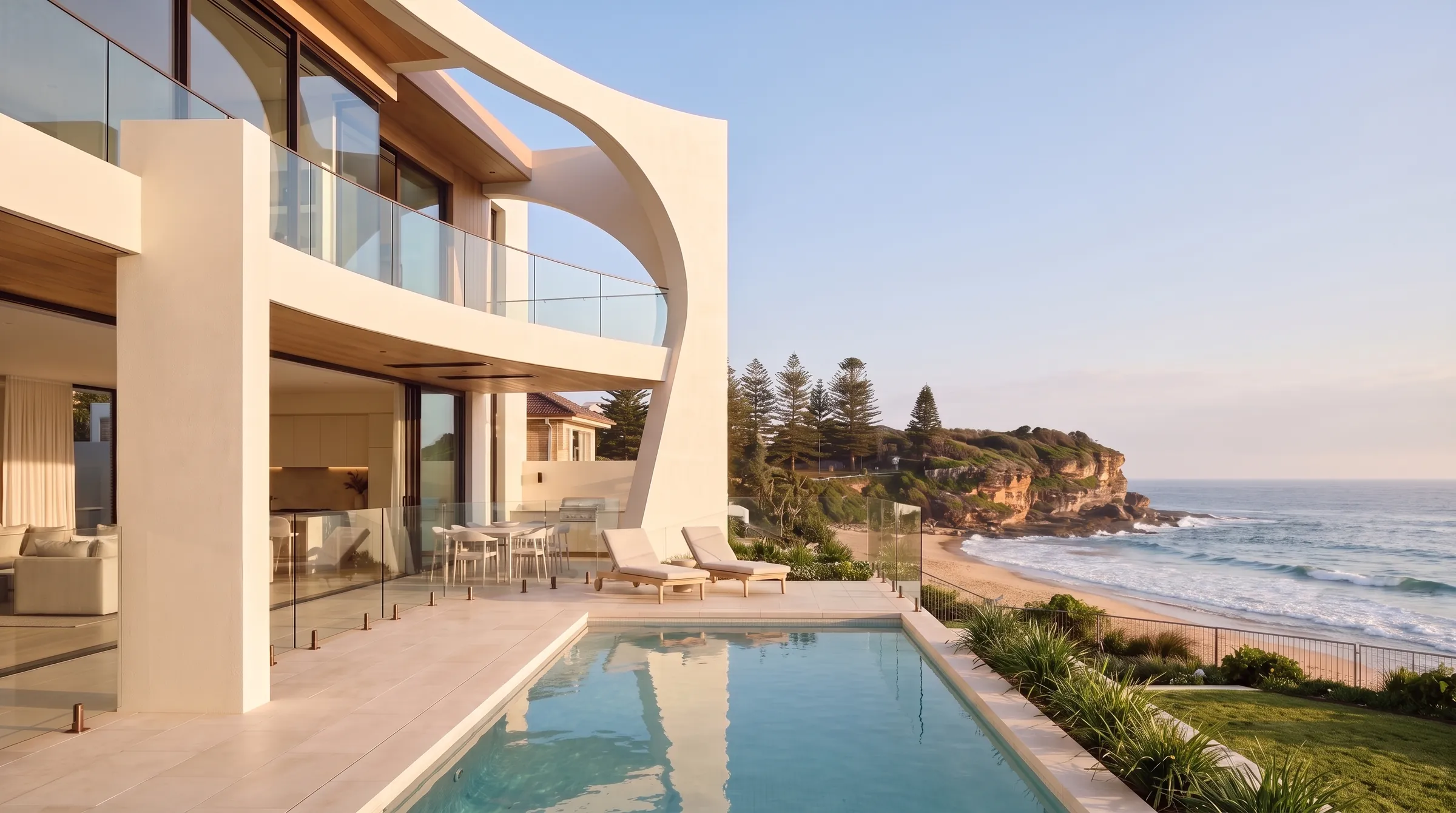 Design visualisation of the Freshwater Coastal Residence, a sculptural curved arch above an ocean terrace at Freshwater Beach