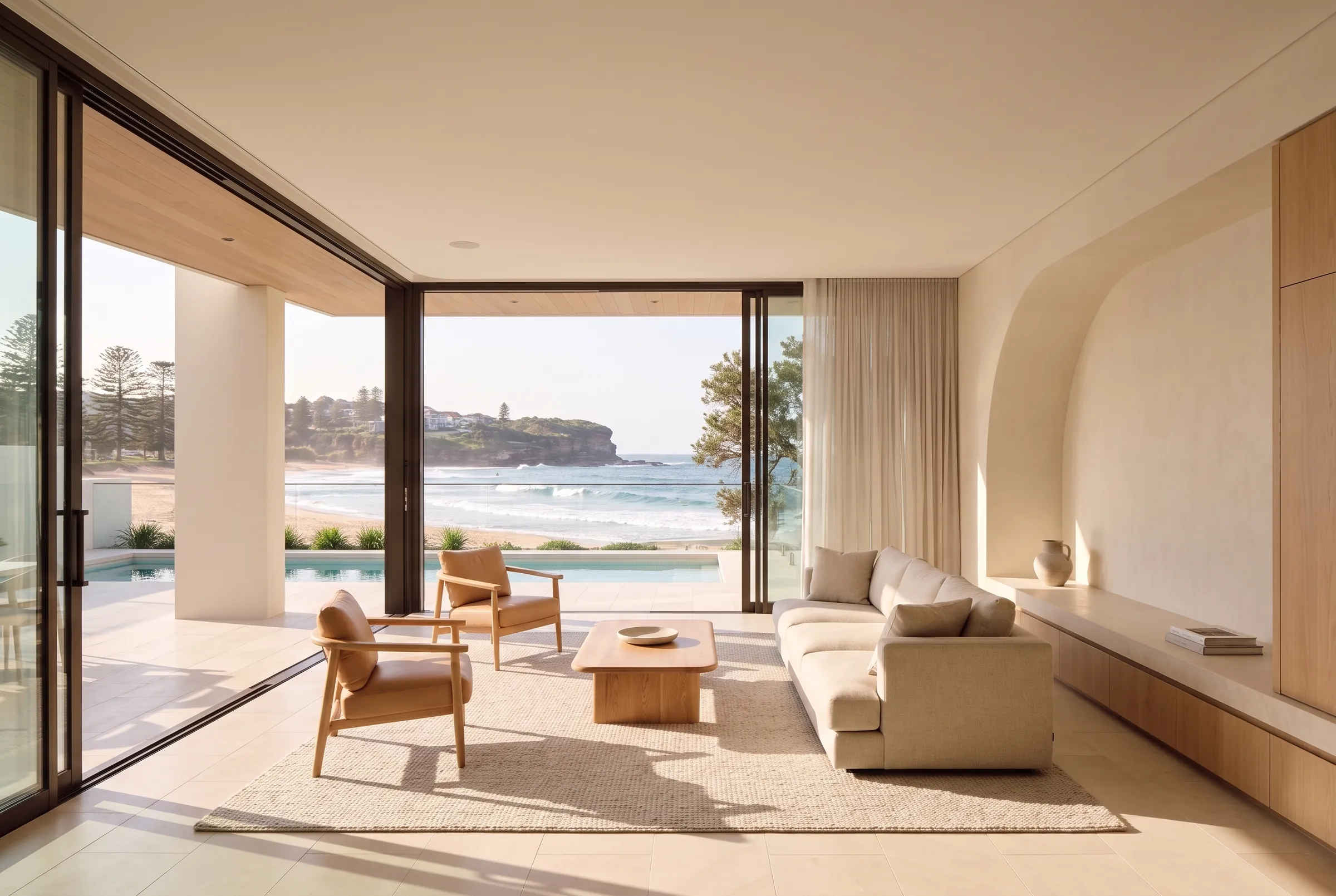 Living room design visualisation with limestone floors running out to a shaded terrace, pool and Freshwater Beach beyond