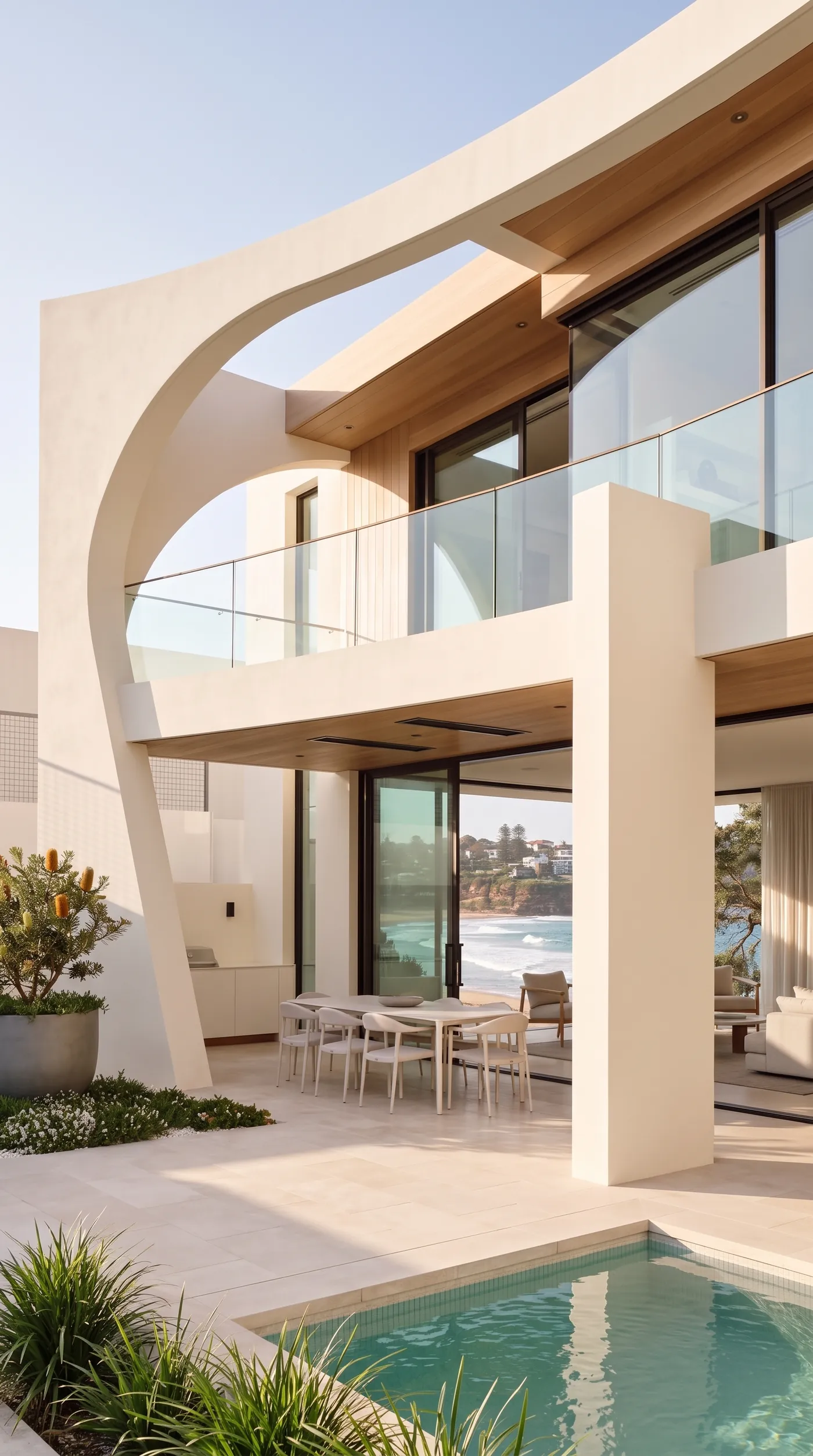Design visualisation of the terrace and pool beneath the sculptural arch, with oak soffits, outdoor dining and Freshwater Beach beyond
