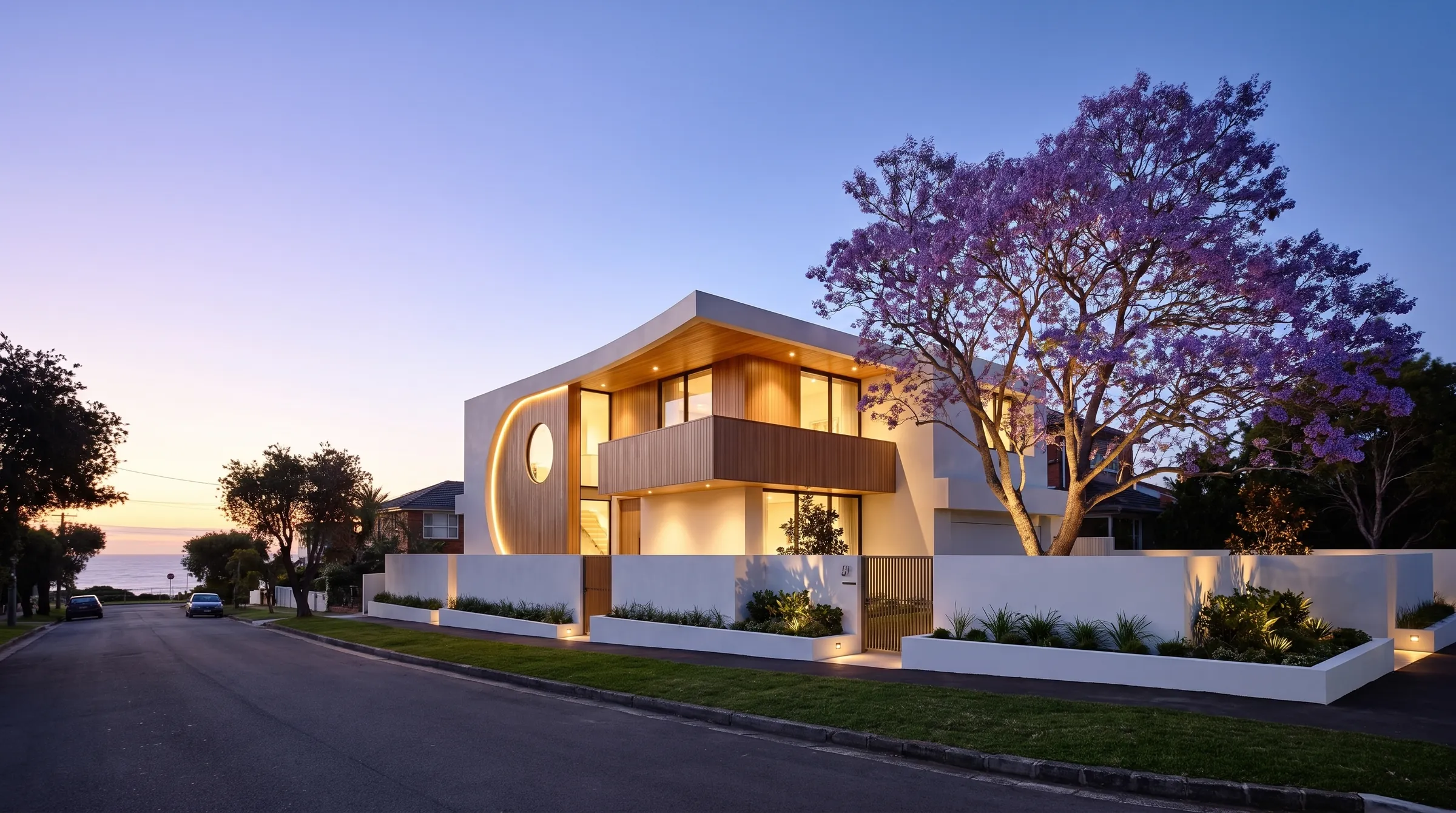 Design visualisation of the Freshwater Coastal Residence street front at night, a jacaranda uplit beside the sculptural facade