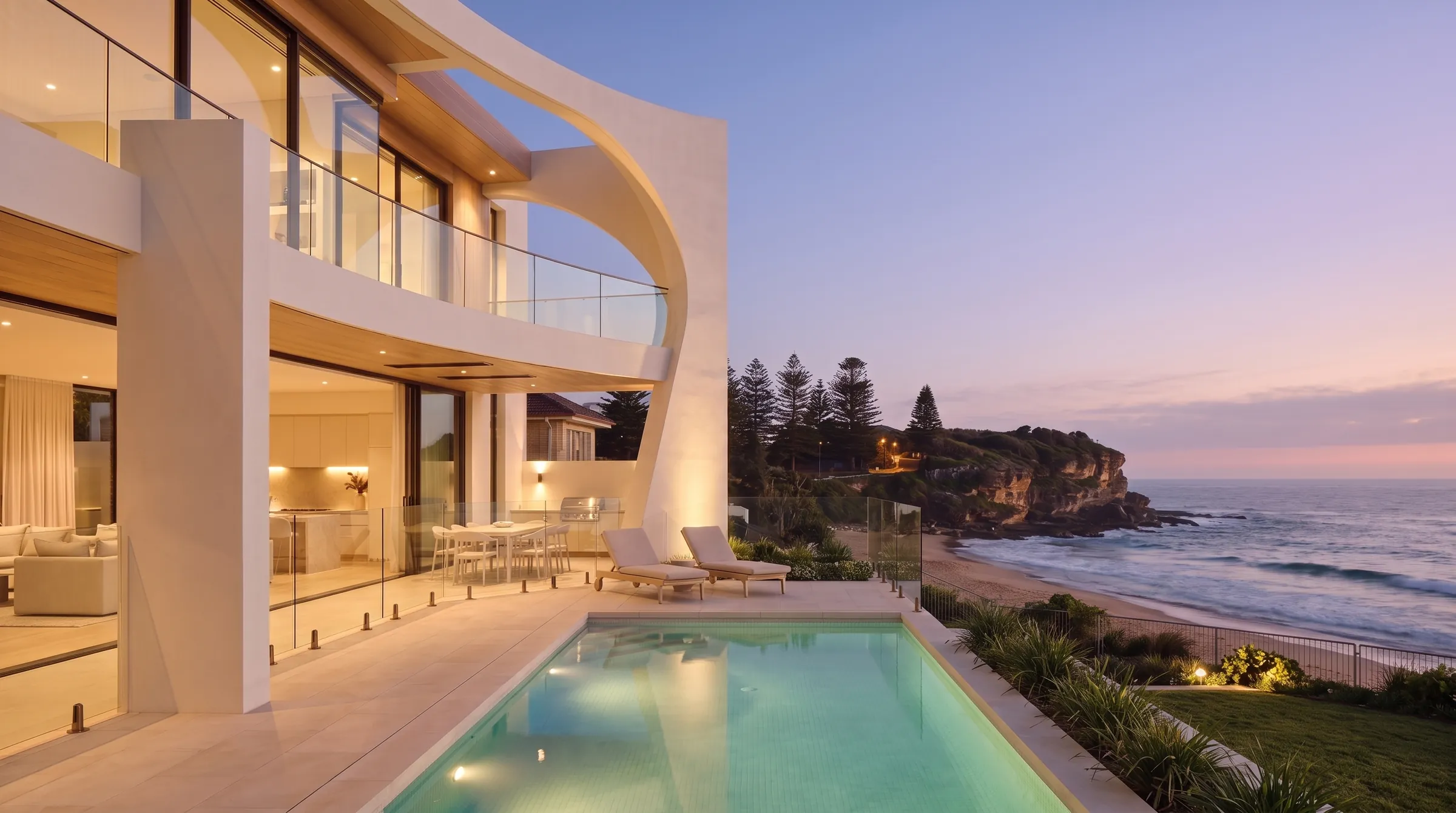Twilight design visualisation of the Freshwater Coastal Residence, a sculptural arch above a lit pool terrace at Freshwater Beach