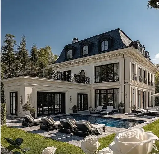 Grand French provincial-style residence with a slate mansard roof, ground-floor terrace, private pool and manicured garden