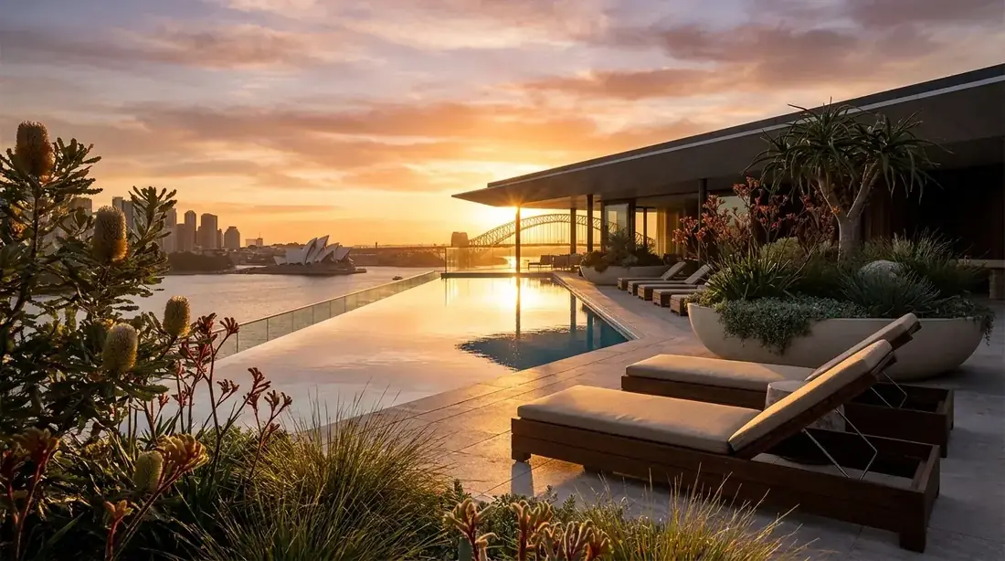 Infinity pool visualisation of the Harbour Hillside Residence at sunset, overlooking Sydney Harbour, the Opera House and Harbour Bridge