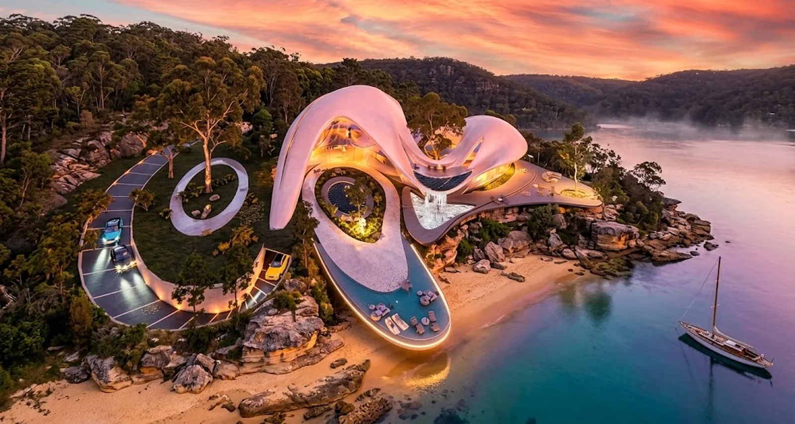 Drone design visualisation of Infinity Shores, a white organic shell house on a sandstone point at Pittwater at sunset