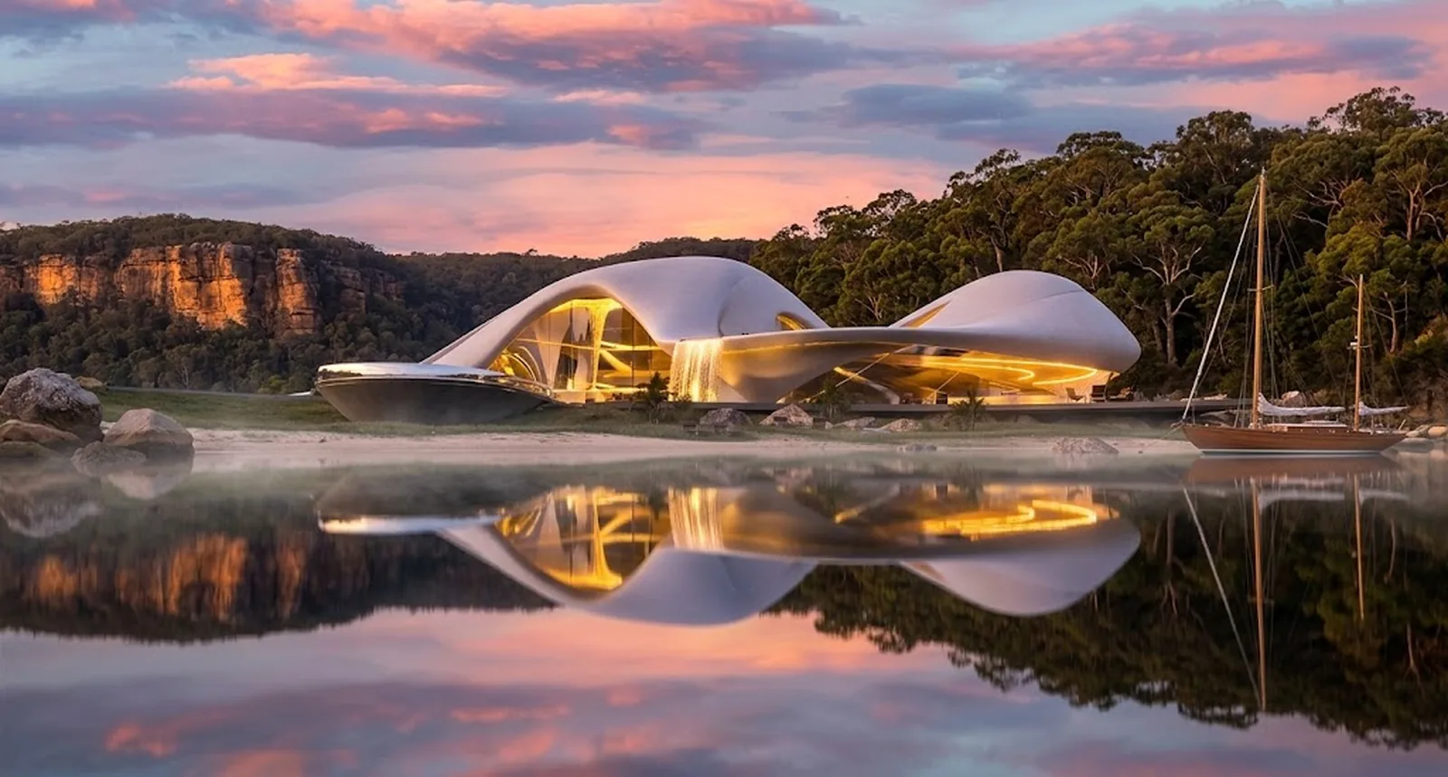 Design visualisation of Infinity Shores, a white organic shell house on the Pittwater waterfront at sunset, reflected in still water below sandstone cliffs