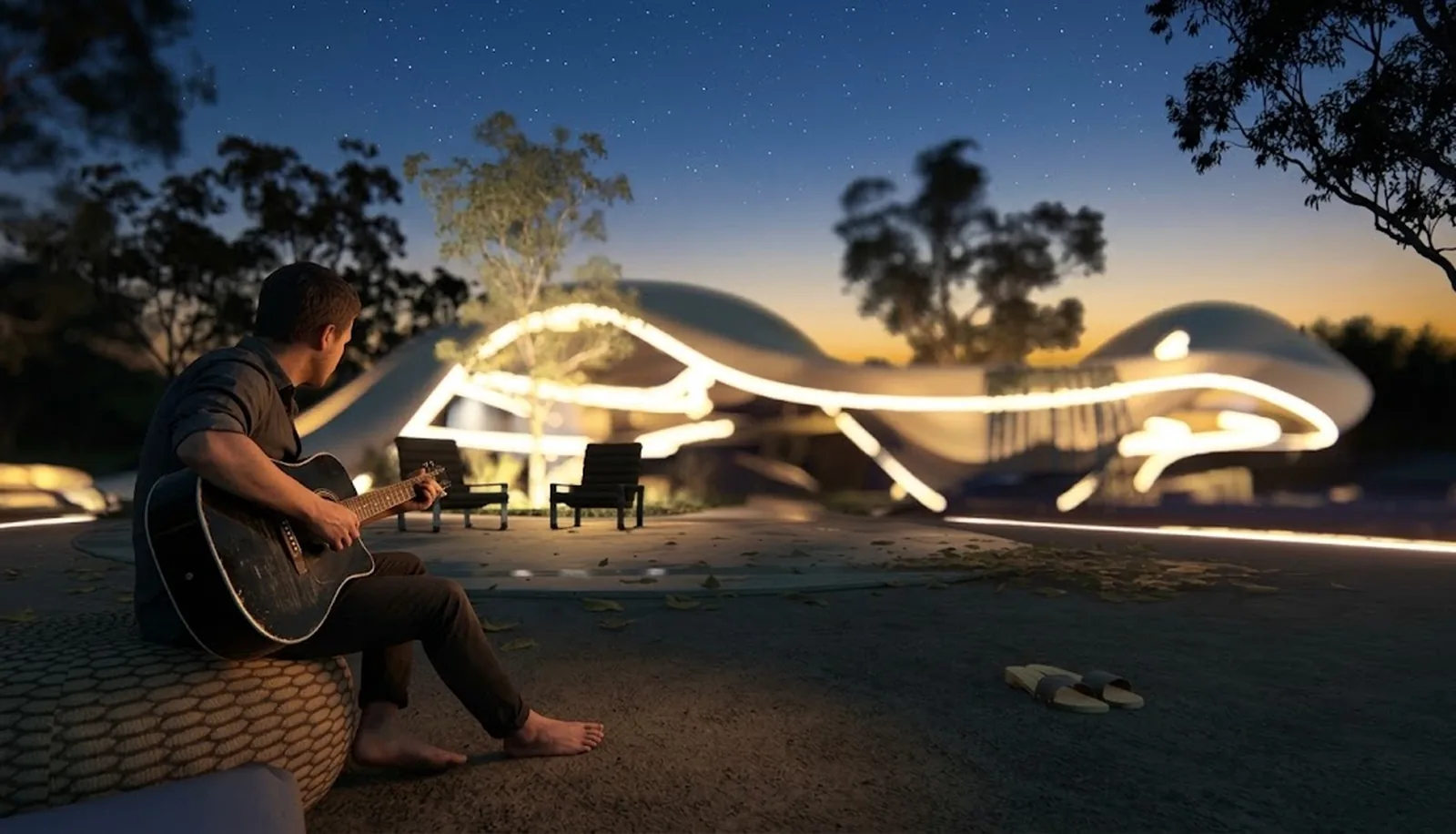 Design visualisation of a musician playing guitar on the terrace at twilight with the glowing house behind