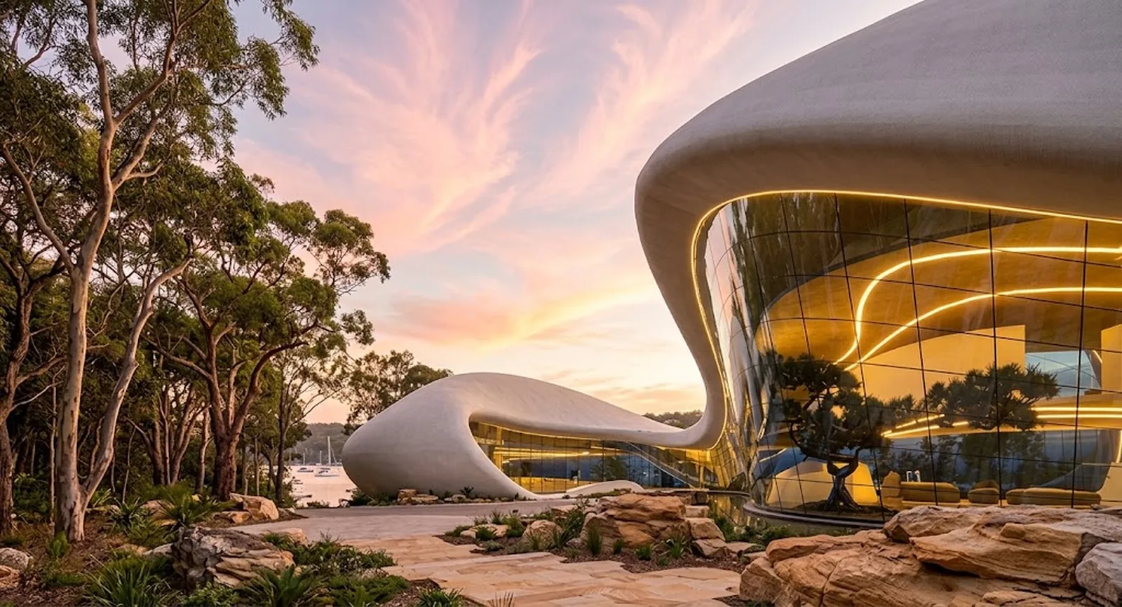 Design visualisation of the curved glass facade and glowing ribbon light lines of Infinity Shores at golden hour