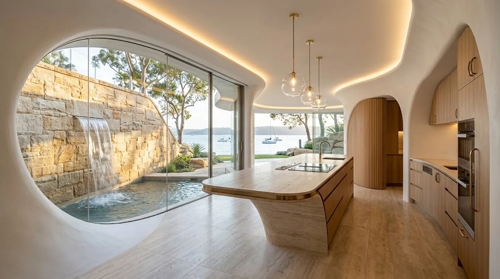 Interior design visualisation of a sculptural travertine kitchen island with the waterfall wall beyond curved glass