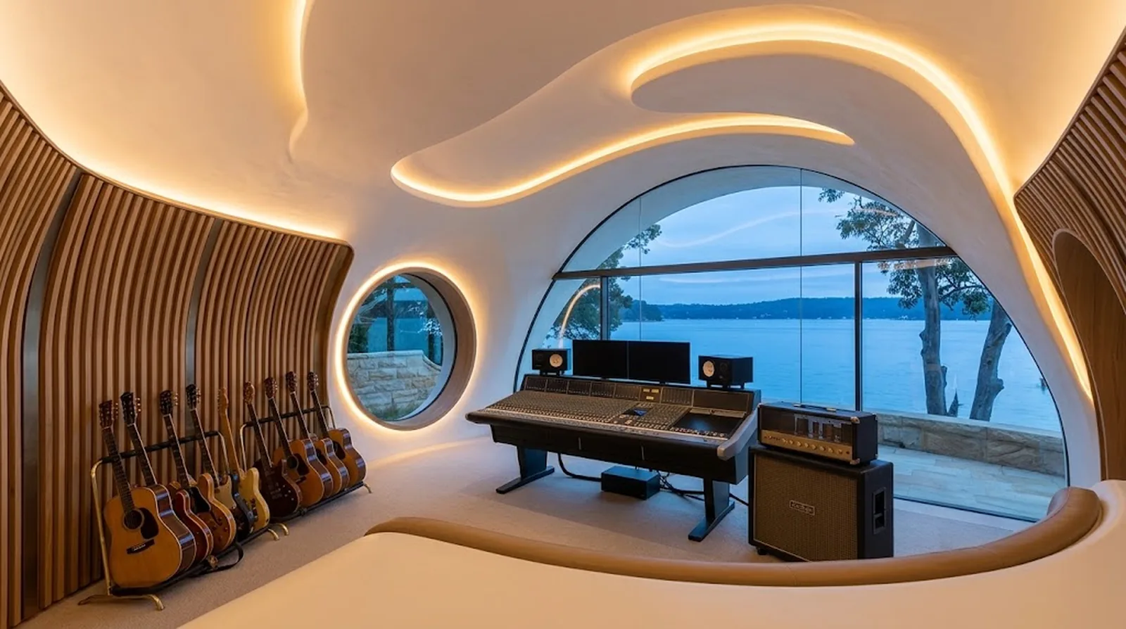 Interior design visualisation of a recording studio with oak acoustic ribs, mixing desk and guitars, overlooking Pittwater