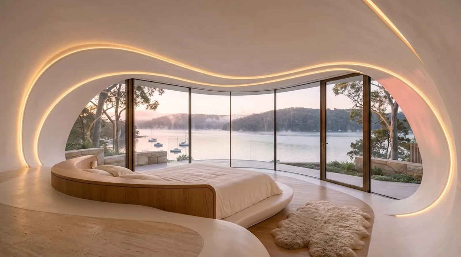Interior design visualisation of the master bedroom with a curved glass wall to Pittwater at dawn