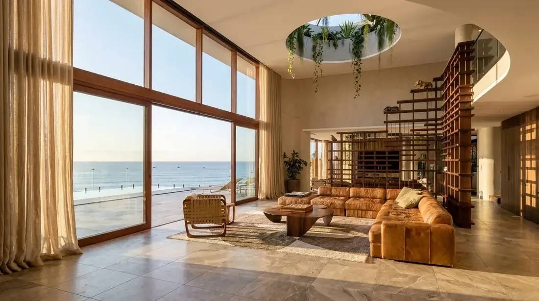 Interior visualisation of a Harbour Hillside Residence living space with a planted skylight oculus, illustrating the design's connection between interior and landscape