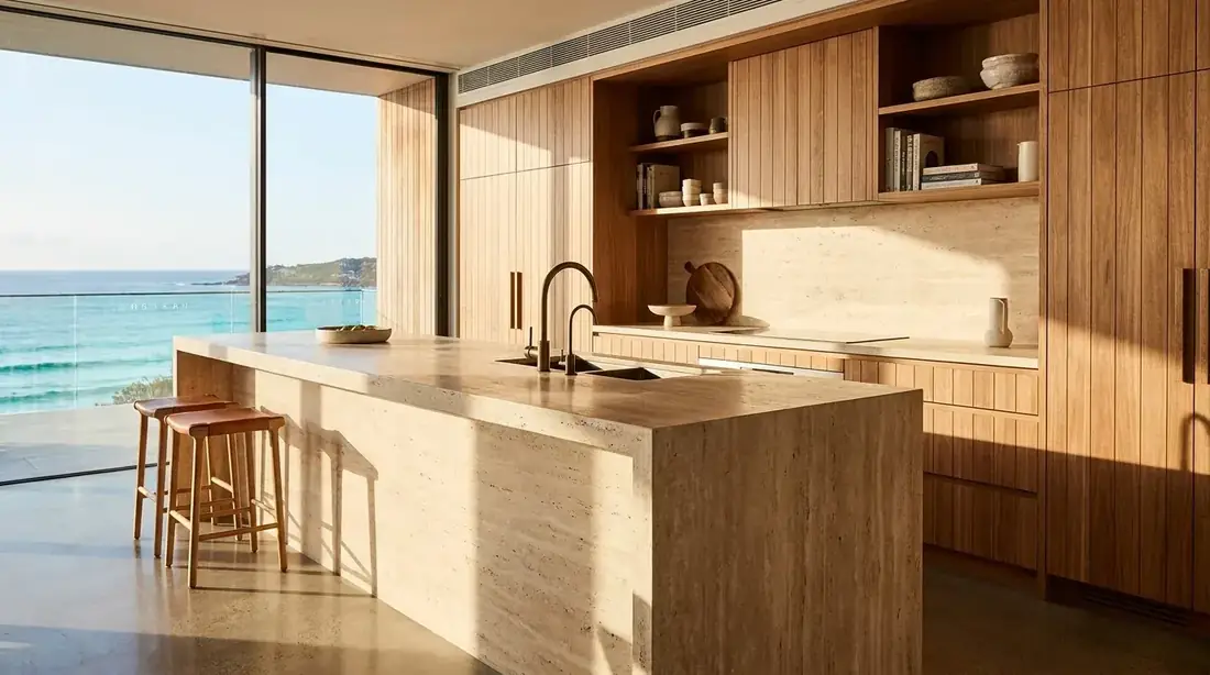 Kitchen visualisation of the Harbour Hillside Residence showing travertine stone and timber joinery applied through the material palette