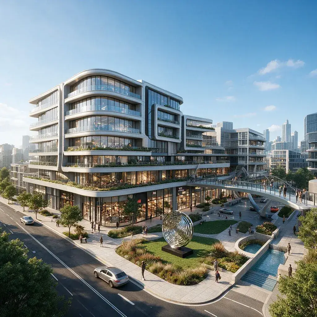 Large-scale mixed commercial development with ground-floor retail, office levels above and a landscaped public plaza
