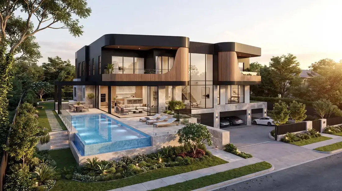 Luxury duplex residence with sculptural black cladding, timber battens and a private pool