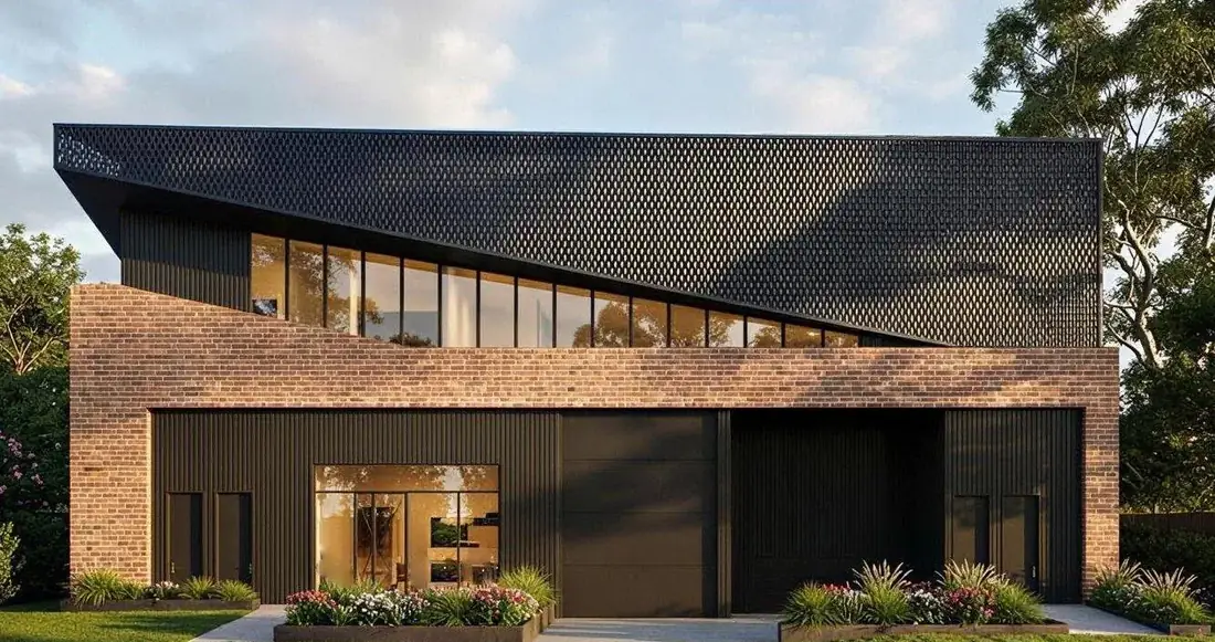 New SDA group home in Lugarno with dark vertical cladding, brick base and an angled black metal-screen upper storey