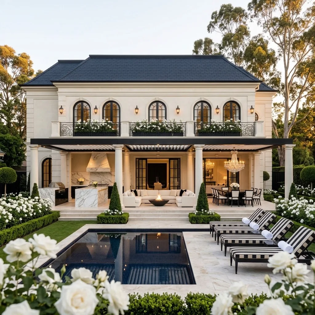 Design visualisation of the rear alfresco with classical columns, an openable louvred roof, a sunken lounge around a fire bowl, outdoor kitchen and dining, and a pool in the garden