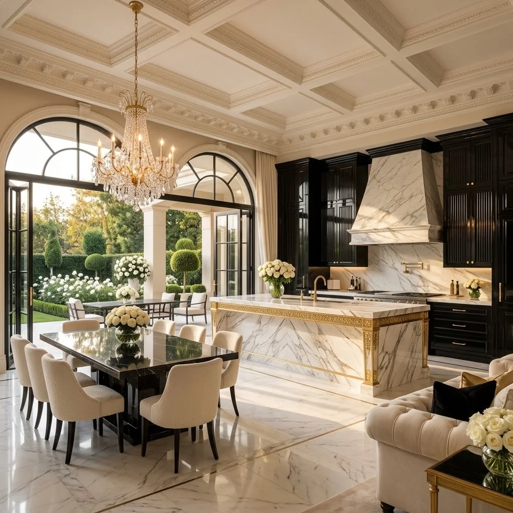 Kitchen and dining design visualisation with a marble waterfall island, black lacquered joinery, a marble range hood and arched doors open to the alfresco