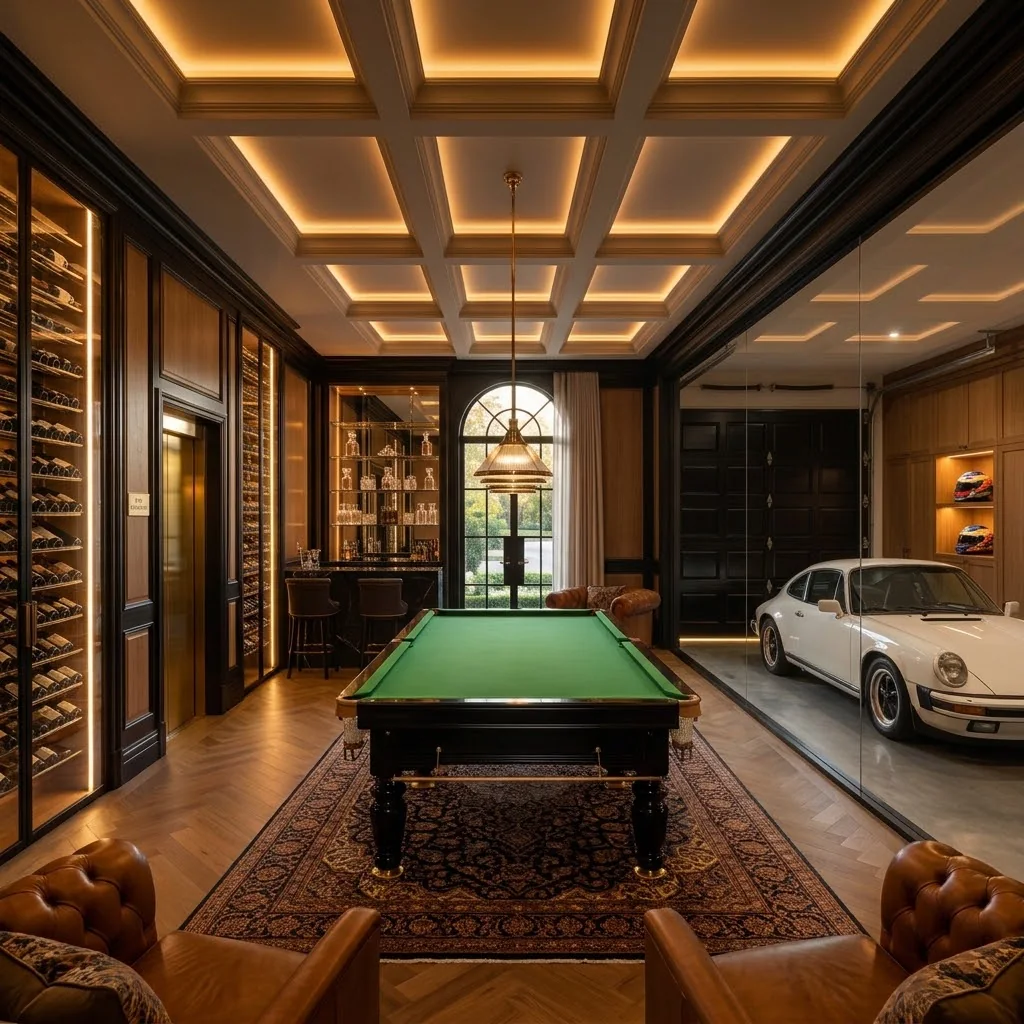 Man cave design visualisation with a billiard table, a mirrored whisky bar, a backlit wine wall and a brass lift door, with a glass wall looking into the garage at a classic sports car