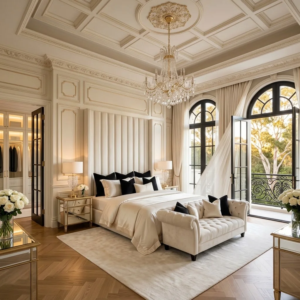 Master bedroom design visualisation with a tall upholstered headboard, a coffered ceiling and chandelier, and arched French doors opening to a wrought-iron balcony