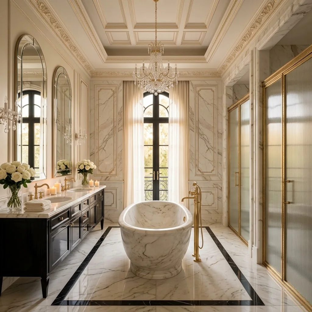 Master ensuite design visualisation with a freestanding marble bath, a black lacquered double vanity with arched mirrors and a brass-framed shower